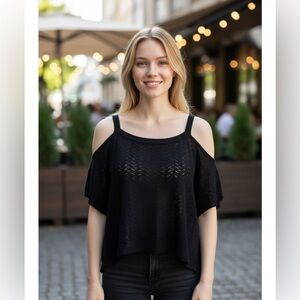 M. Rena Black Cold Shoulder Black open weave Knit Top